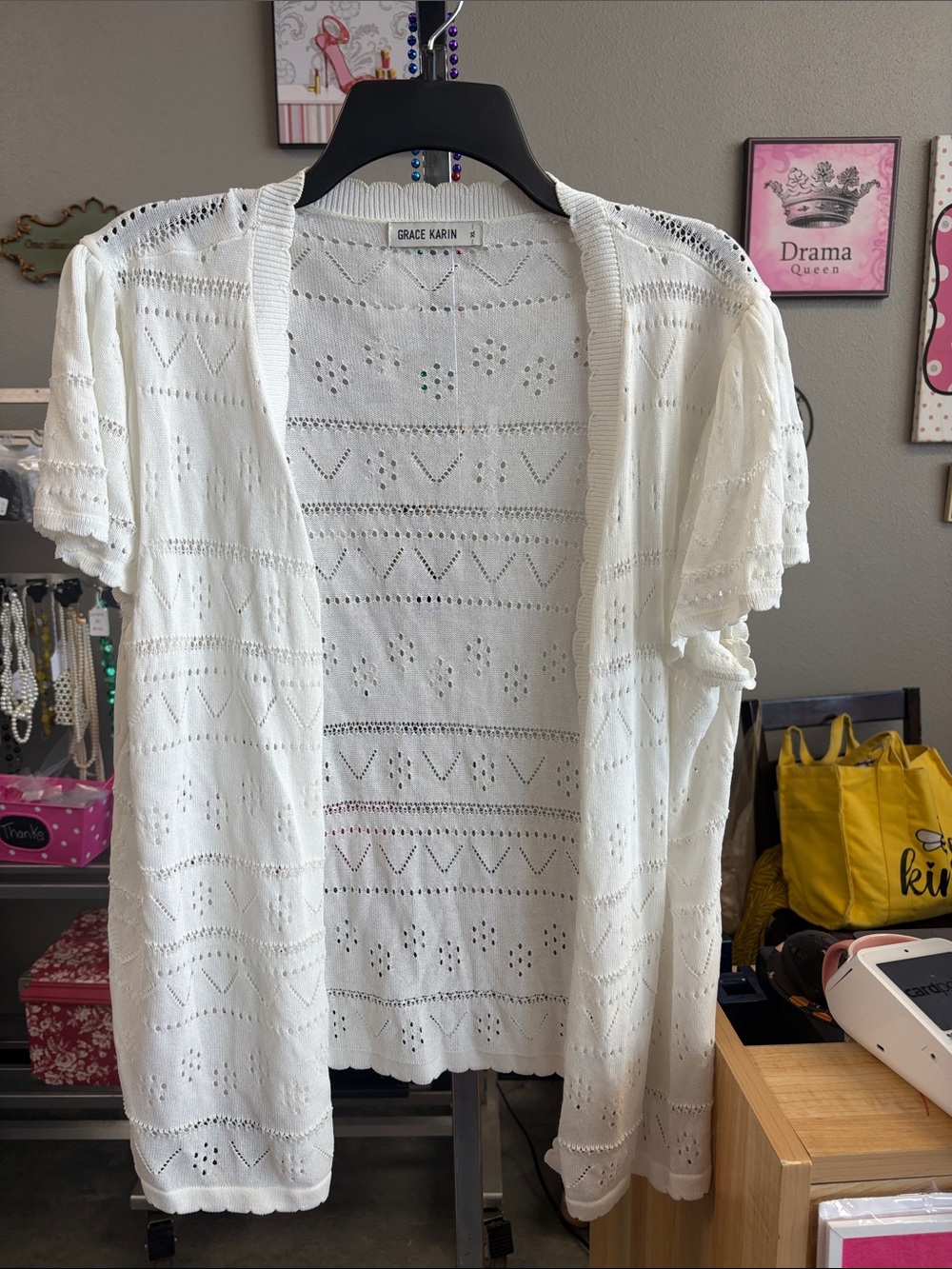 Grace Karin White Open-Front Eyelet Knit Cardigan